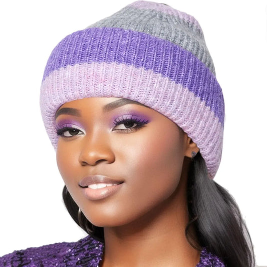 Stay Toasty: Ribbed Knit Striped Beanie Hat in Purple Jewelry Bubble