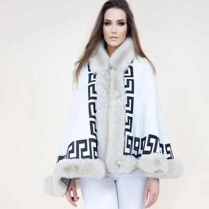 Stay cozy and stylish with our trendy Greek key design Shawl Cape Ruana Beige Faux Fur Trim Wrap Jewelry Bubble