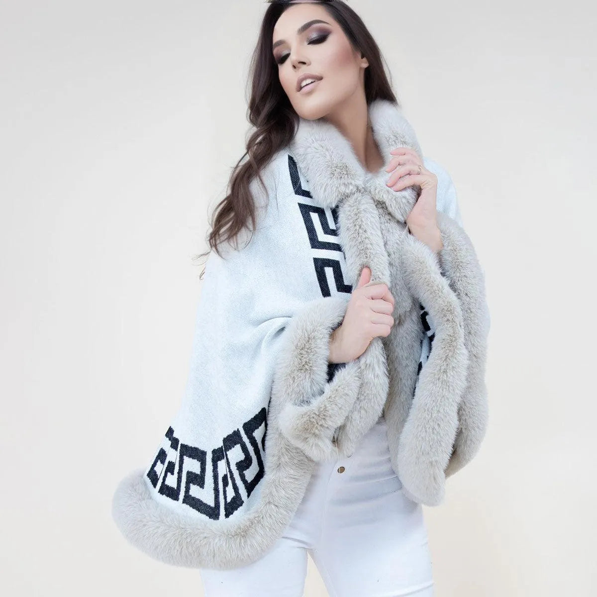 Stay cozy and stylish with our trendy Greek key design Shawl Cape Ruana Beige Faux Fur Trim Wrap Jewelry Bubble