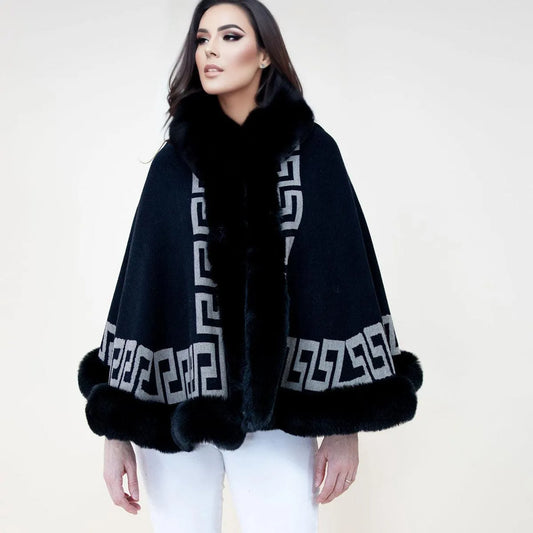 Stay cozy and stylish with our trendy Greek key design Shawl Cape Ruana Black Faux Fur Trim Wrap Jewelry Bubble