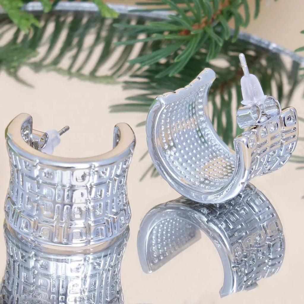 Stunning Greek Key Design Wide Curved White Gold Finish Earrings