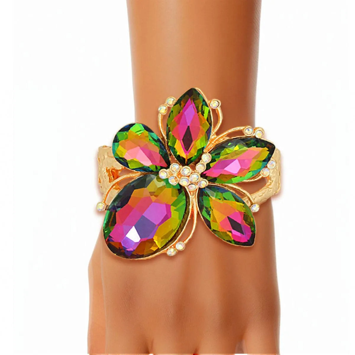 Stunning Pink Green Crystal Flower Cuff Bracelet - Must-Have Accessory Jewelry Bubble