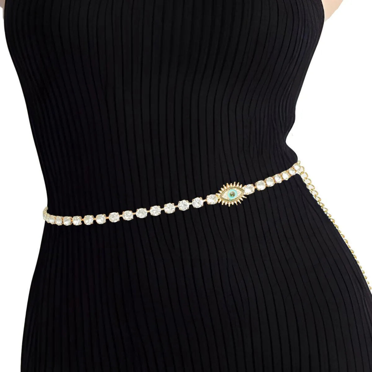 Style Your Gold Chain Rhinestone Belt with Evil Eye Accent for a Glamorous Look Jewelry Bubble