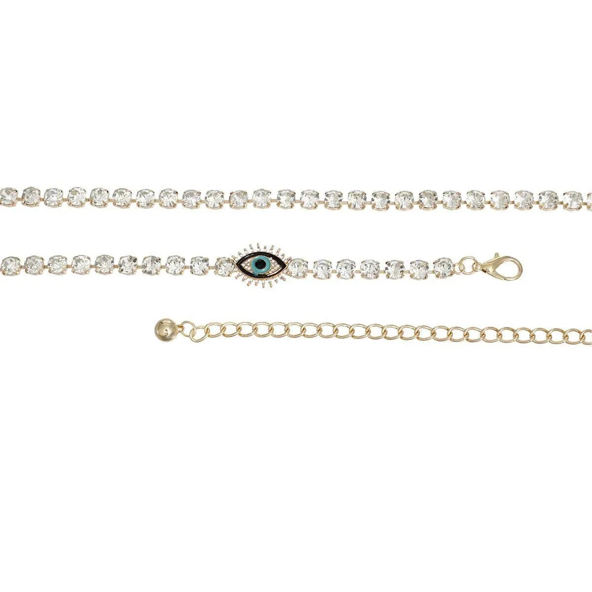Style Your Gold Chain Rhinestone Belt with Evil Eye Accent for a Glamorous Look