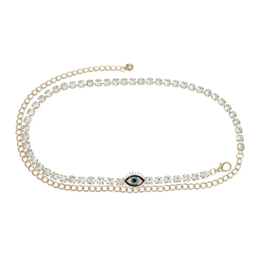 Style Your Gold Chain Rhinestone Belt with Evil Eye Accent for a Glamorous Look