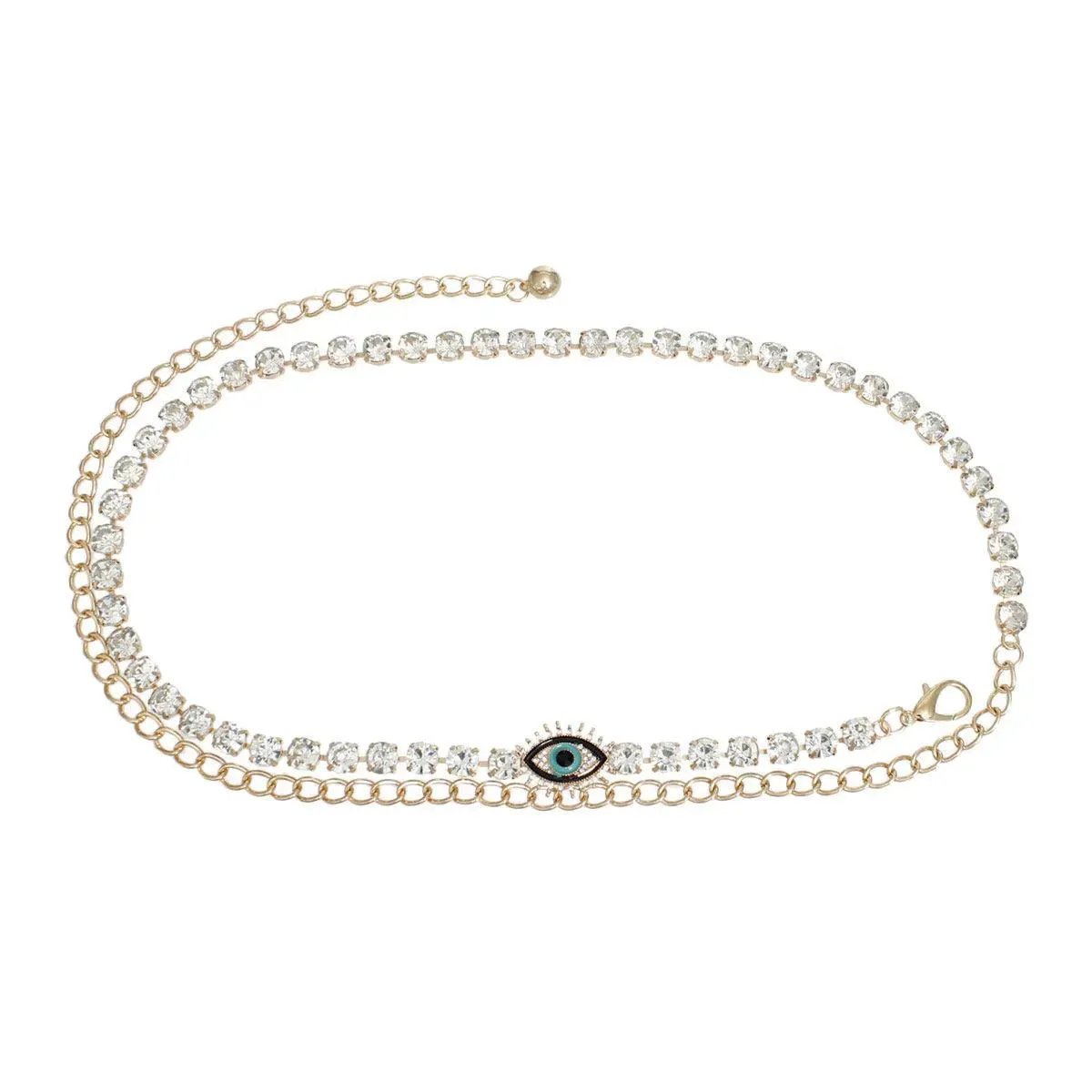 Style Your Gold Chain Rhinestone Belt with Evil Eye Accent for a Glamorous Look