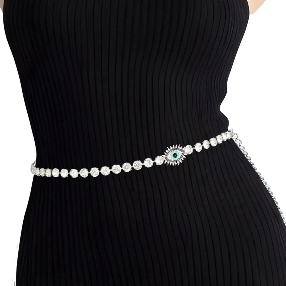 Style Your Silver Chain Rhinestone Belt with Evil Eye Accent for a Glamorous Look