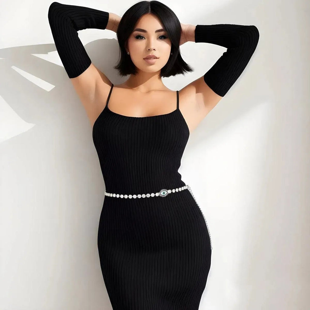 Style Your Silver Chain Rhinestone Belt with Evil Eye Accent for a Glamorous Look