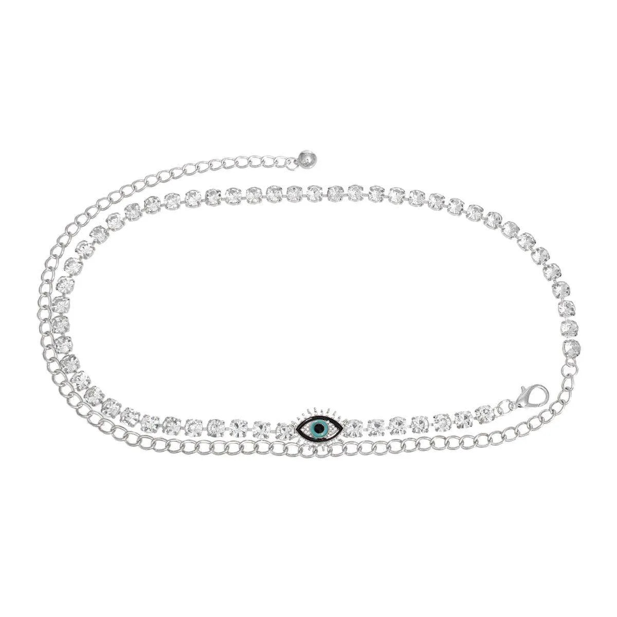 Style Your Silver Chain Rhinestone Belt with Evil Eye Accent for a Glamorous Look Jewelry Bubble