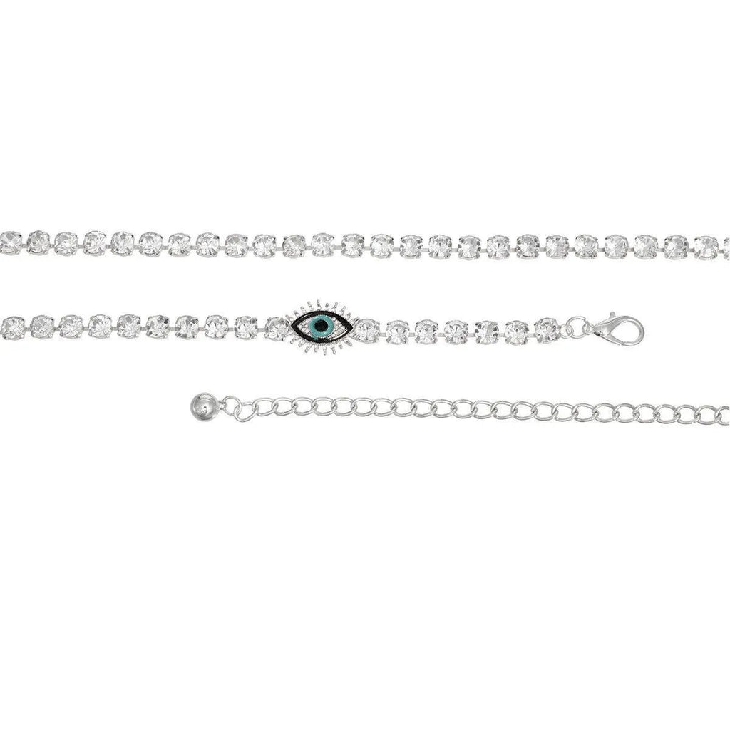 Style Your Silver Chain Rhinestone Belt with Evil Eye Accent for a Glamorous Look