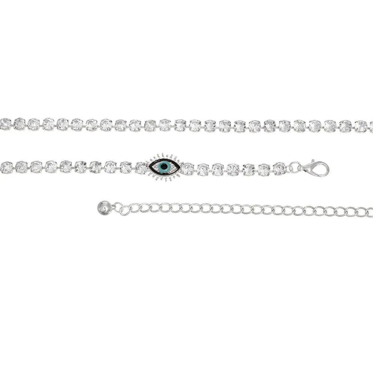 Style Your Silver Chain Rhinestone Belt with Evil Eye Accent for a Glamorous Look