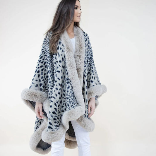 Stylish Beige Cheetah Print Faux Fur Wrap: Shawl Cape Ruana for Women Jewelry Bubble