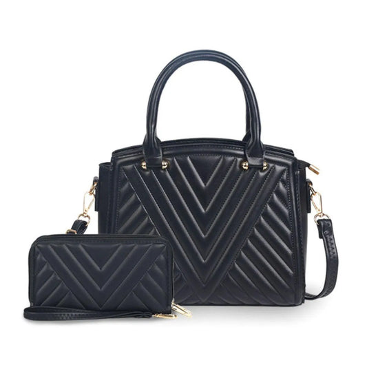 Stylish Black Chevron Quilted Handbag with Matching Wallet Pinktown