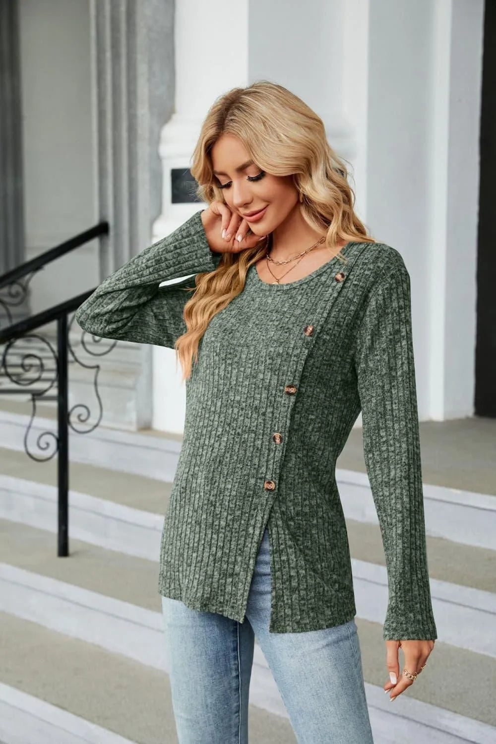 Stylish Buttoned Long Sleeve Slit Top: Shop Now for Fashionable Elegance Jewelry Bubble