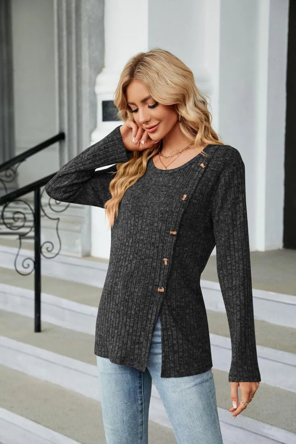 Stylish Buttoned Long Sleeve Slit Top: Shop Now for Fashionable Elegance Jewelry Bubble