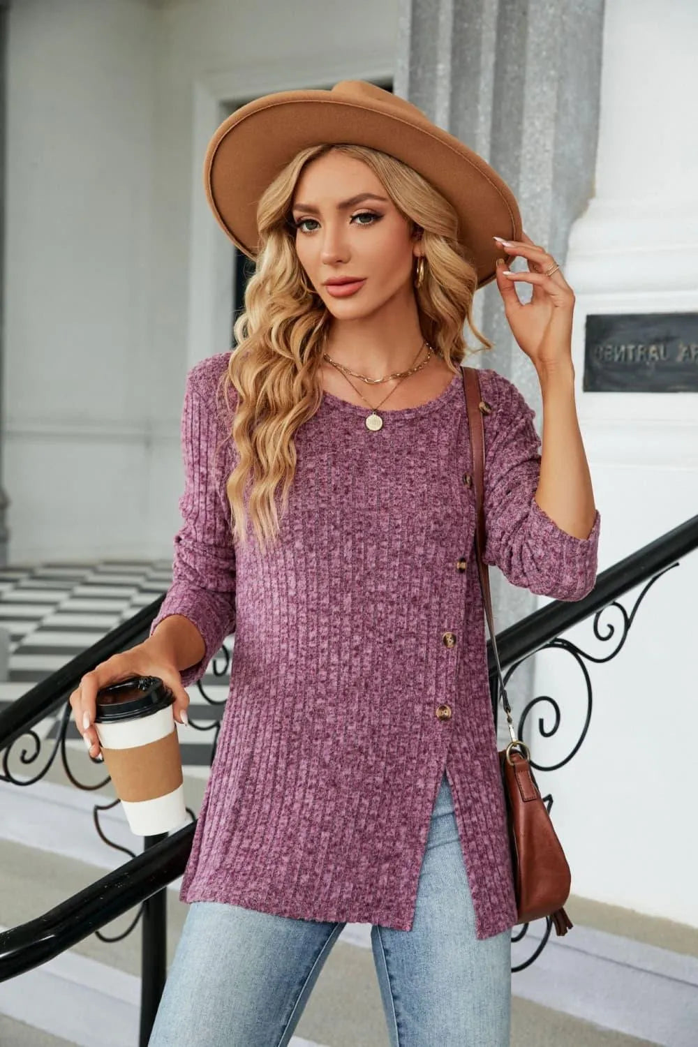 Stylish Buttoned Long Sleeve Slit Top: Shop Now for Fashionable Elegance Jewelry Bubble