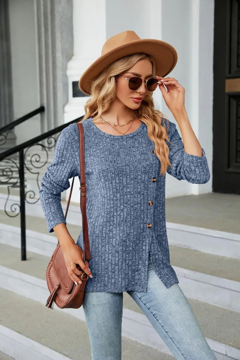 Stylish Buttoned Long Sleeve Slit Top: Shop Now for Fashionable Elegance Jewelry Bubble