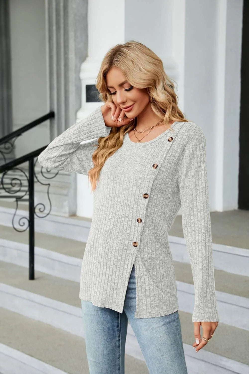 Stylish Buttoned Long Sleeve Slit Top: Shop Now for Fashionable Elegance Jewelry Bubble