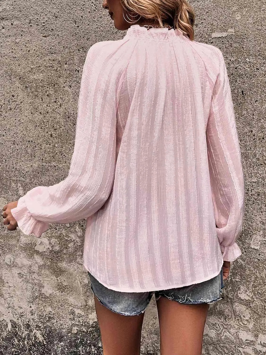 Stylish Notched Neck Flounce Sleeve Shirt for Women Jewelry Bubble