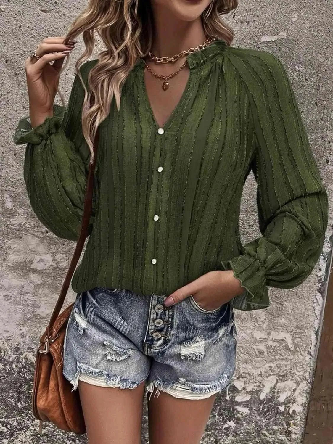 Stylish Notched Neck Flounce Sleeve Shirt for Women