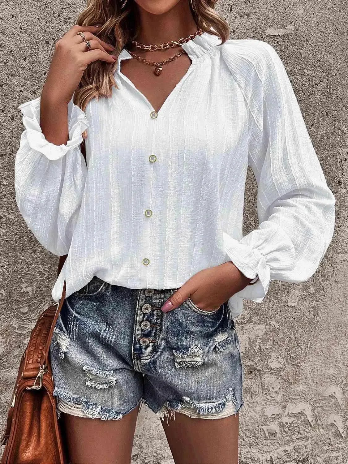 Stylish Notched Neck Flounce Sleeve Shirt for Women