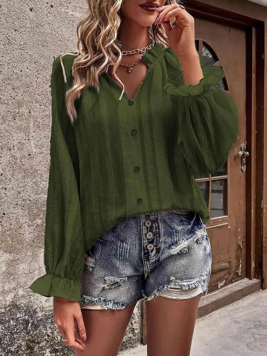 Stylish Notched Neck Flounce Sleeve Shirt for Women