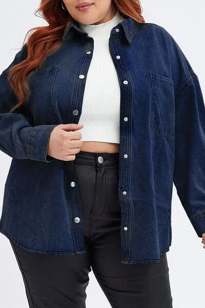 Stylish Plus Size Denim Jacket: Snap Down & Pocketed - Women's Shackets Jewelry Bubble