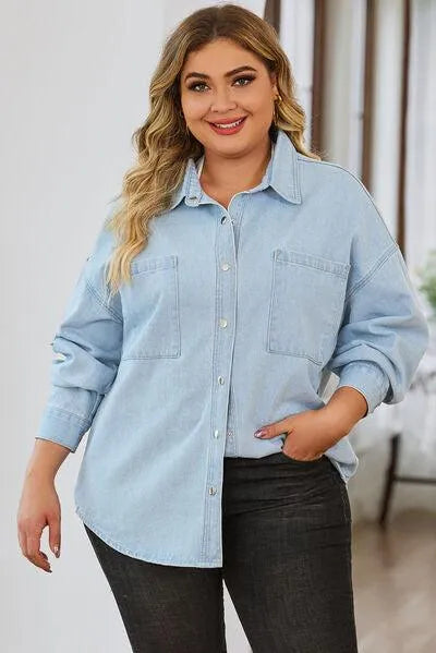 Stylish Plus Size Denim Jacket: Snap Down & Pocketed - Women's Shackets Jewelry Bubble