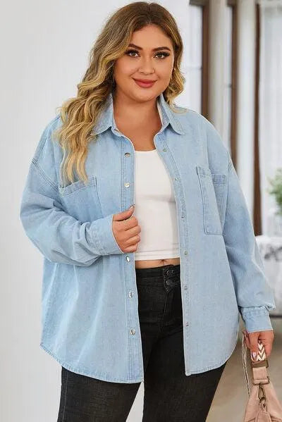 Stylish Plus Size Denim Jacket: Snap Down & Pocketed - Women's Shackets Jewelry Bubble