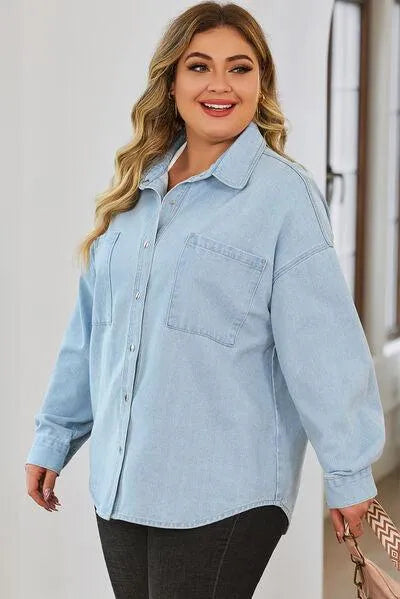 Stylish Plus Size Denim Jacket: Snap Down & Pocketed - Women's Shackets Jewelry Bubble