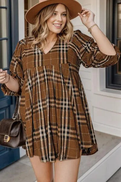 Stylish Plus Size V-Neck Mini Dress in Plaid Pattern Jewelry Bubble