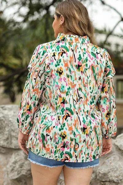 Stylish Ruffle Trim Long Sleeve Blouse - Plus Size