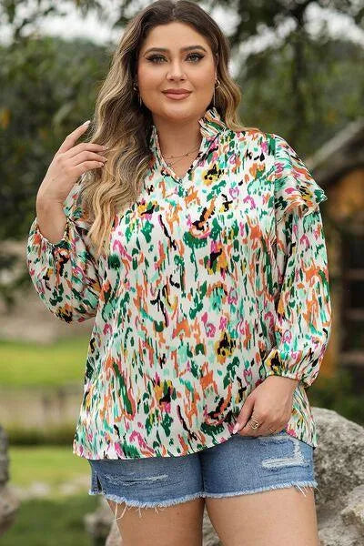 Stylish Ruffle Trim Long Sleeve Blouse - Plus Size Jewelry Bubble