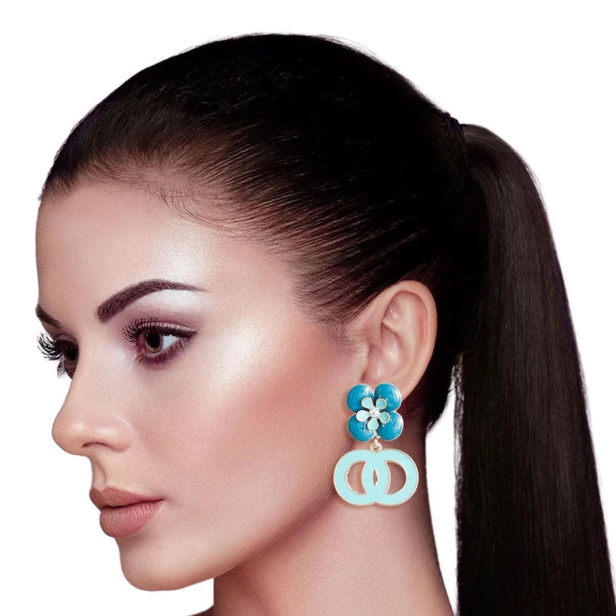 Teal Infinity Earrings with Flower Studs Sweet Statement Jewelry Bubble