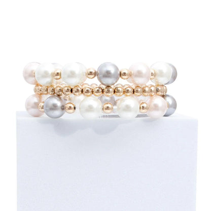 Timeless Sophistication: Pearl Medley and Gold Beaded Bracelet Set - Fashion Jewelry Pinktown