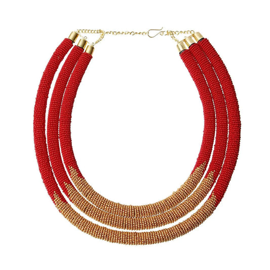 Top Pick: Red & Gold Beaded Rope Necklace, Triple Layered Jewelry Bubble