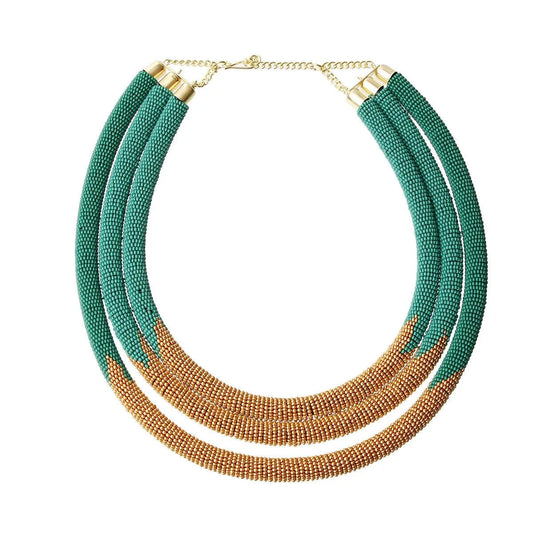 Top Pick: Teal & Gold Beaded Rope Necklace, Triple Layered Jewelry Bubble