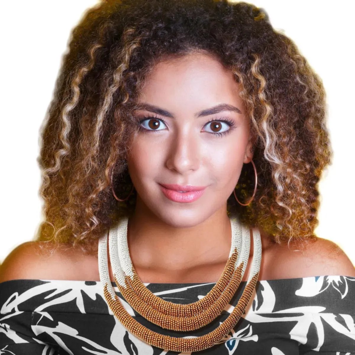 Top Pick: White & Gold Beaded Rope Necklace, Triple Layered