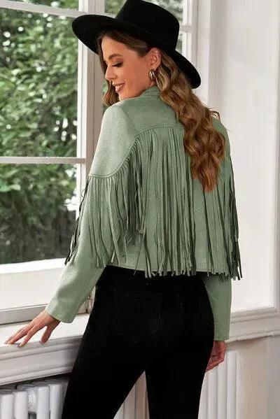 Trend Alert: Fringe Trim Lapel Collar Cropped Blazer for Chic Fashionistas