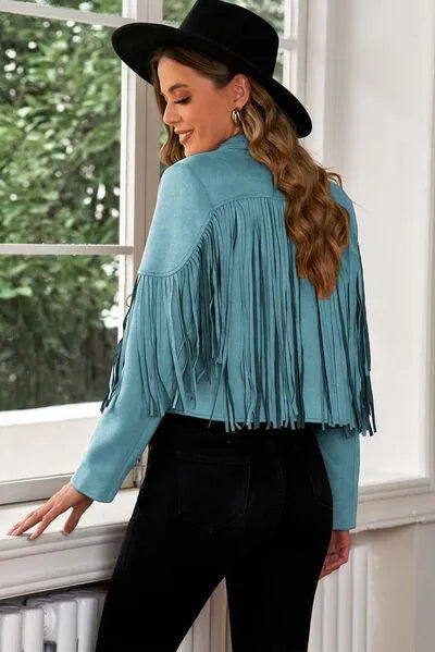 Trend Alert: Fringe Trim Lapel Collar Cropped Blazer for Chic Fashionistas Jewelry Bubble