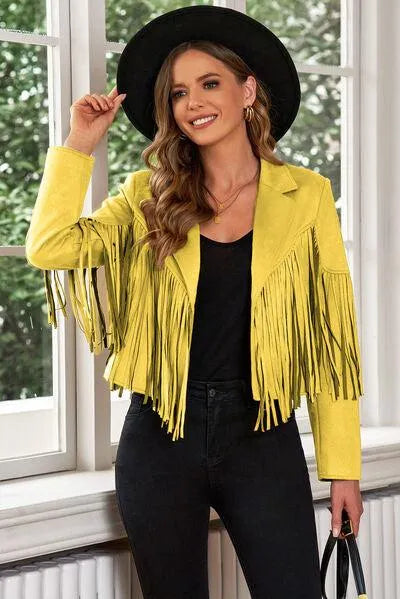 Trend Alert: Fringe Trim Lapel Collar Cropped Blazer for Chic Fashionistas Jewelry Bubble