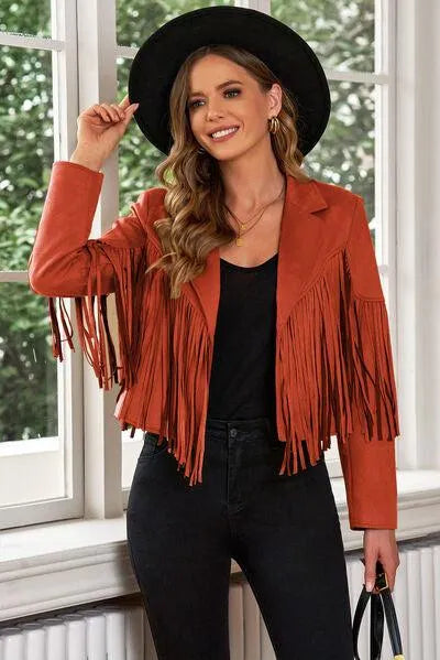 Trend Alert: Fringe Trim Lapel Collar Cropped Blazer for Chic Fashionistas Jewelry Bubble