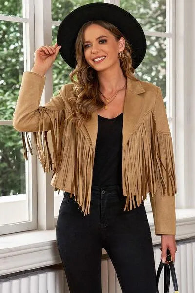 Trend Alert: Fringe Trim Lapel Collar Cropped Blazer for Chic Fashionistas Jewelry Bubble