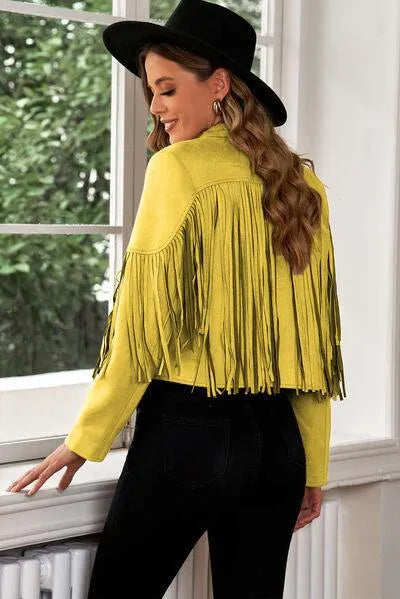 Trend Alert: Fringe Trim Lapel Collar Cropped Blazer for Chic Fashionistas Jewelry Bubble