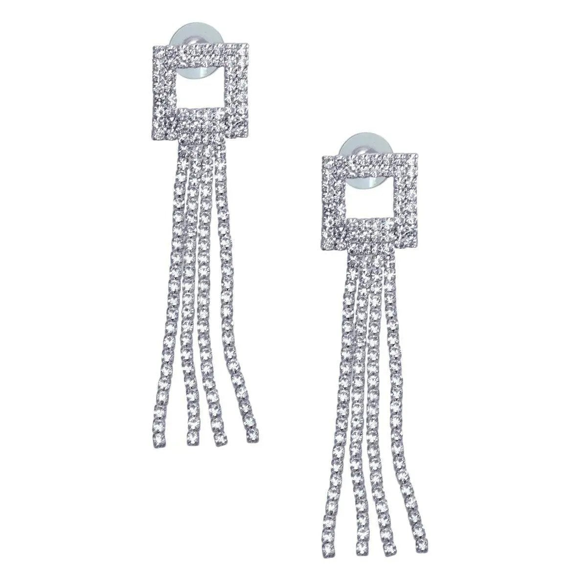 Turn Heads with Rhinestone Fringe Drop Silver-Tone Earrings