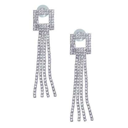 Turn Heads with Rhinestone Fringe Drop Silver-Tone Earrings Pinktown