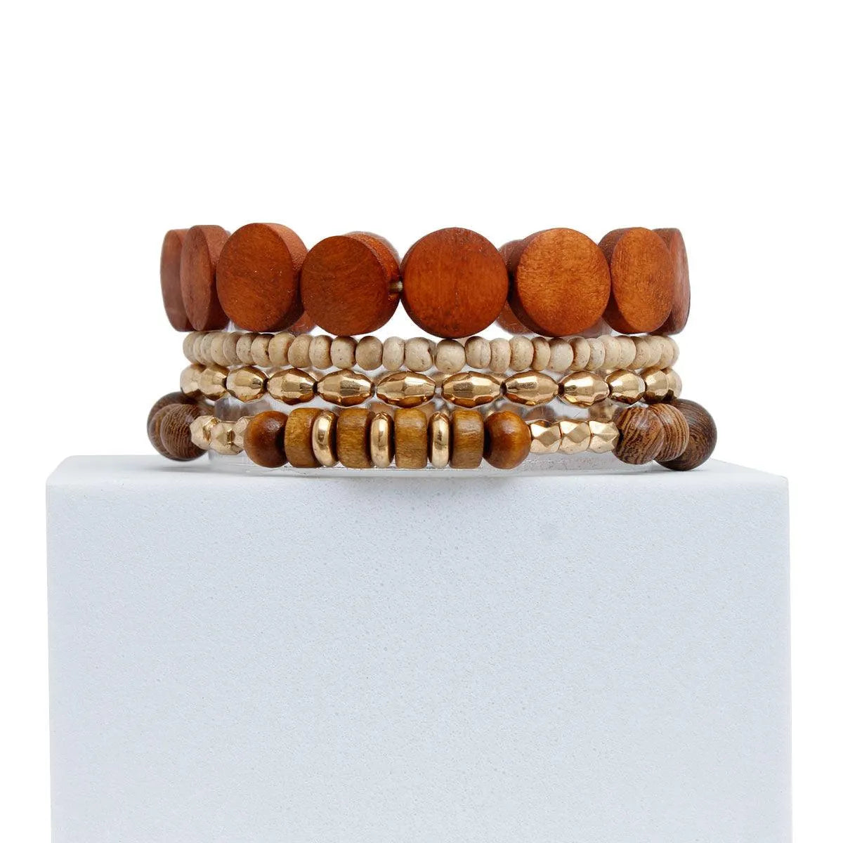 Unleash the Earthy Elegance: Brown Wooden Beads 4 Pcs Stretch Bracelet Set Jewelry Bubble