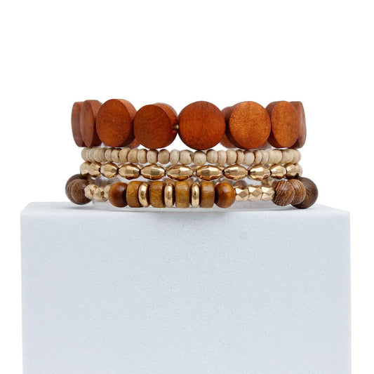 Unleash the Earthy Elegance: Brown Wooden Beads 4 Pcs Stretch Bracelet Set Pinktown