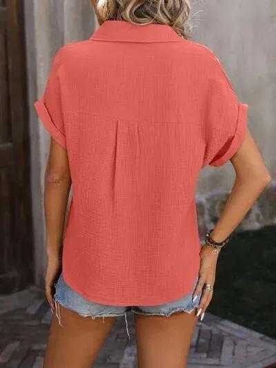 Unlock Style: Textured Pocketed Button Up Shirt for Women