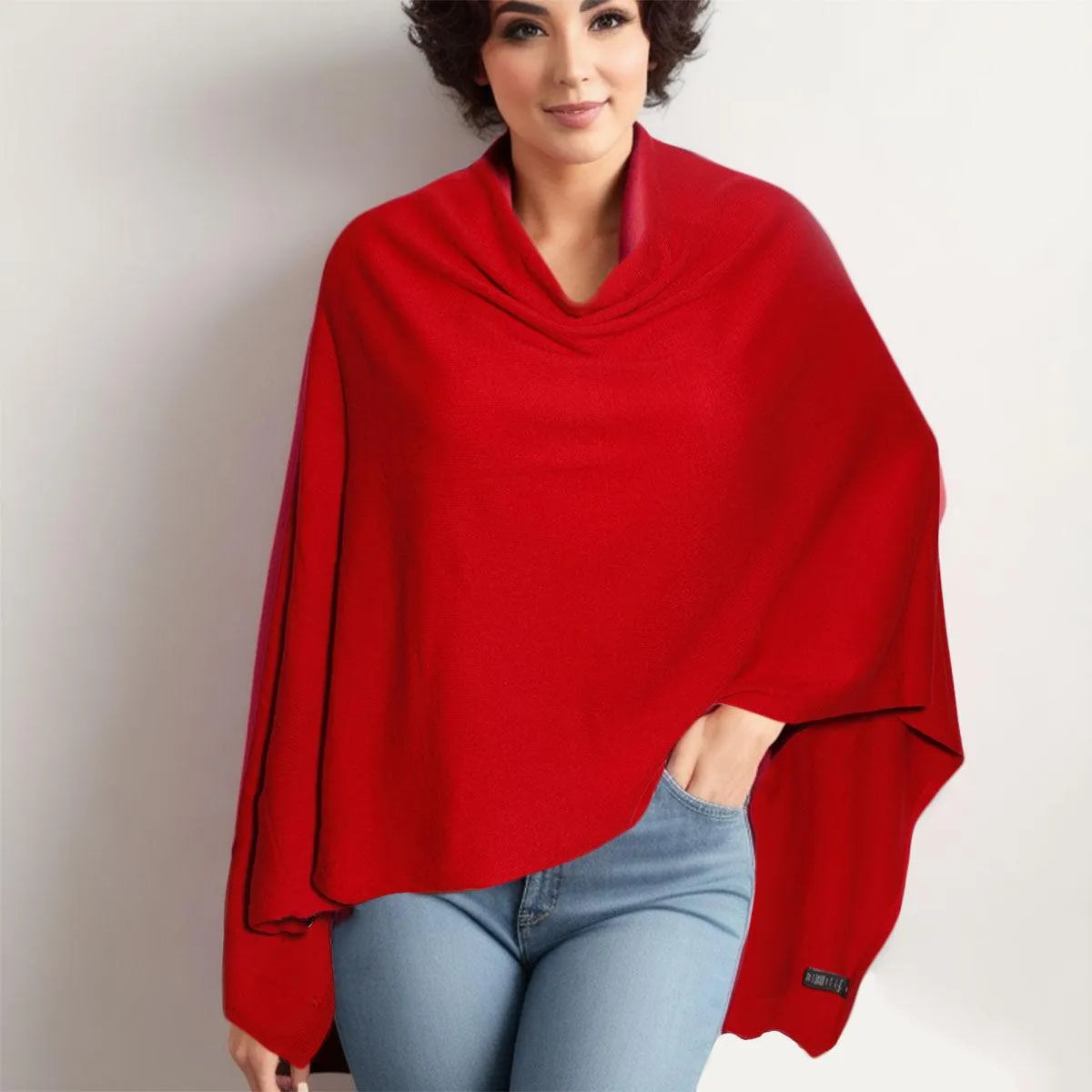 Upgrade your wardrobe with our Chic Red Scarf Poncho Wrap Jewelry Bubble